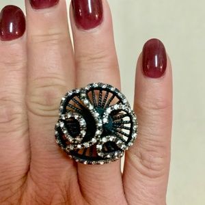 Premier Designs Ruffle Black with Crystals Ring 7